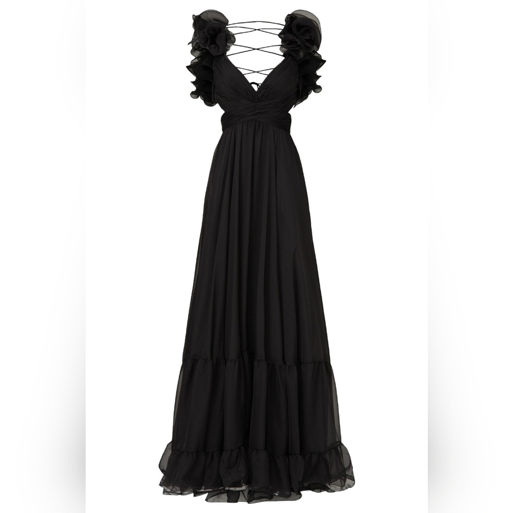 Mac Duggal? Black Ruffle Tiered Cut-Out Chiffon Gown Size 10 NEW (read) - Picture 2 of 11